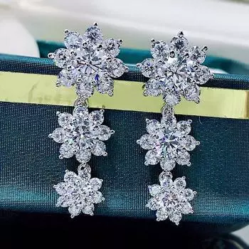 Сверкающие серьги из 100% серебра 925 пробы с цирконом 5А и бриллиантами и тремя цветами для женщин, ювелирные изделия для вечеринок