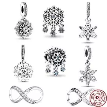 Сверкающие снежинки, двойные висячие бусины, подходят для оригинального модного браслета из стерлингового серебра 925 пробы, ожерелье, сделай сам, изысканные женские ювелирные изделия