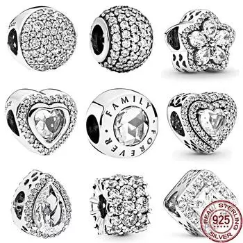 Сверкающие снежинки из стерлингового серебра 925 пробы, квадратные очаровательные бусины с ровными сердечками, подходят для оригинального модного браслета, ювелирное изделие, подарок