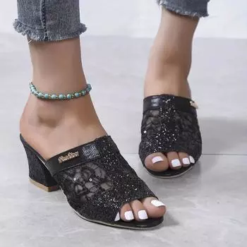 Сверкающие женские босоножки на массивном каблуке с дышащей сеткой и блестящими пайетками идеально подходят для модных карнавальных туфель с открытым носком 35 золотой