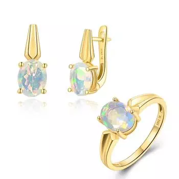 Сверкающий 100% натуральный опал, комплект ювелирных изделий, серьги, кольцо, настоящий драгоценный камень, овал, 7*9 мм, серебро 925 пробы, изысканные ювелирные изделия, подарок для женщин us ring size 6# жёлтый
