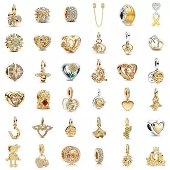 Сверкающий 925 пробы стерлингового серебра золотая серия бусины шарма подходит оригинальный браслет Pandora ожерелье DIY модные женские ювелирные изделия позолоченные