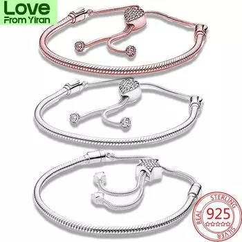 Сверкающий браслет из стерлингового серебра 925 пробы с застежкой-бабочкой и сердечком, европейский бренд, женский браслет своими руками, изготовление подарков