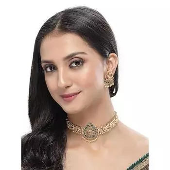 Сверкающий индийский храмовый позолоченный зеленый комплект из бусин-чокеров с серьгами-гвоздиками | Комплект украшений для женщин