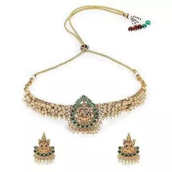 Сверкающий индийский храмовый позолоченный зеленый комплект из бусин-чокеров с серьгами-гвоздиками | Комплект украшений для женщин