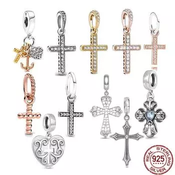Сверкающий кулон, золотой, белый крест Иисуса, серебро в форме сердца S925, очаровательная бусина, подходит для оригинального ожерелья, браслета, ювелирные изделия своими руками