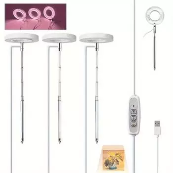 Светильник для выращивания растений Светильник для выращивания растений в помещении Полный спектр Регулируемое кольцо для выращивания растений с регулируемой высотой и углом наклона USB 5 В с автоматическим таймером 2/4/8 ч с 3 головками для рассады 1 Hea