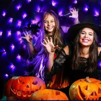 Светильник «Паутина» на Хэллоуин с черным пауком Spooky 70 светодиодов, 8 режимов, с питанием от батареи, для использования в помещении, на открытом воздухе, украшение для сада и двора, товары для вечеринок фиолетовый