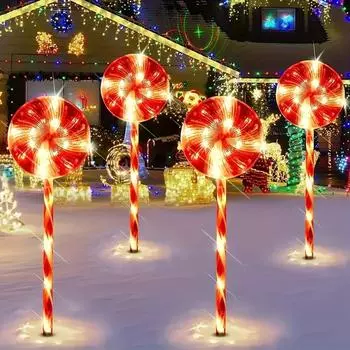 Светильники Candy Cane Solar Stake Lights, Пластик, Уличный декор для сада, Праздничные светильники для газона, Водонепроницаемый IPX4, Работает на солнечной энергии, Без пульта дистанционного управления, Емкость аккумулятора 300 мАч