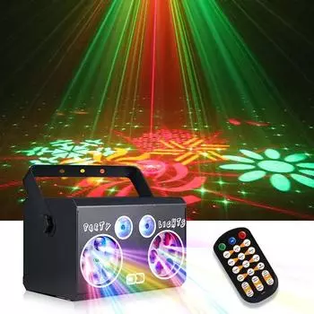 Светильники для дискотек RGB DJ с голосовым управлением и лазерным проектором DMX512, идеально подходят для семейных вечеринок, свадеб, дней рождения, музыкальных представлений EU Plug чёрный