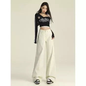 Светло-абрикосовый цвет с плюшевым утолщением/Обычные широкие джинсы 2024 Осень/Зима Новые прямые брюки до пола с высокой талией XS абрикосовый света