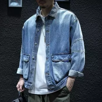 Светло-голубая джинсовая куртка с лацканами, мужская свободная модная брендовая куртка большого размера для мальчиков на весну, универсальная куртка с инструментами M синий