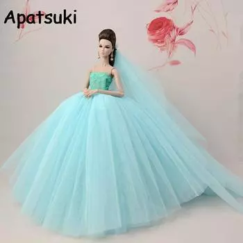 Светло-голубая лоскутная кукольная одежда для куклы Барби, платье с длинным хвостом, вечернее платье, одежда для свадебного платья + фата, аксессуары для куклы 1/6 синий