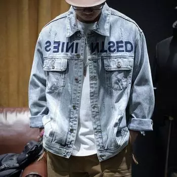 Светло-голубая вышитая джинсовая куртка мужская свободная модная брендовая рваная повседневная куртка большого размера с отворотами M светло-синий