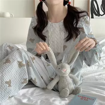 Светло-голубой весенний пижамный комплект с мультяшным медведем, женские кружевные лоскутные рубашки с воротником Питера Пэна + брюки, одежда для сна с оборками, хлопок One Size синий