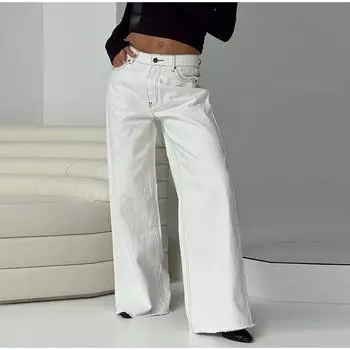 Светло-голубые джинсы с бахромой, женские, с высокой талией, на молнии, с карманами, широкие длинные джинсовые брюки, женская, весна 2025, модная женская уличная одежда S белый
