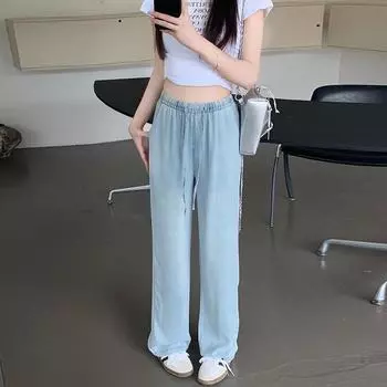 Светло-голубые джинсы с высокой талией из чистого тенселя, широкие брюки длиной до пола для женщин S светло-синий