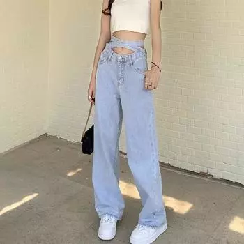 Светло-голубые джинсы, женские сексуальные бандажные корейские версии, джинсовые брюки в стиле ретро с высокой талией, широкие брюки, уличная одежда, мешковатые джинсы XL светло-синий