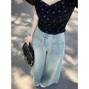 Светло-голубые повседневные широкие джинсы, женские летние новые корейские брюки с высокой талией, свободные брюки для похудения, драпировка, прямые длинные брюки M светло-синий