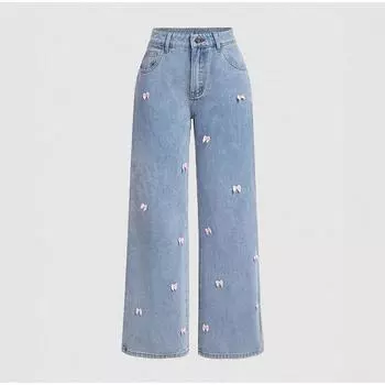 Светло-голубые прямые джинсы с бантом, женские, с высокой талией, новые весенние свободные драпированные широкие джинсовые брюки, повседневные, из хлопка и эластичного материала S светло-синий