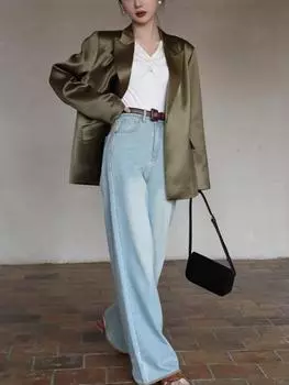 Светло-голубые прямые джинсы в стиле ретро. Женская уличная одежда. Новые винтажные потертые широкие брюки с высокой талией. Корейский модный дизайн. Повседневные брюки из денима. XS синий