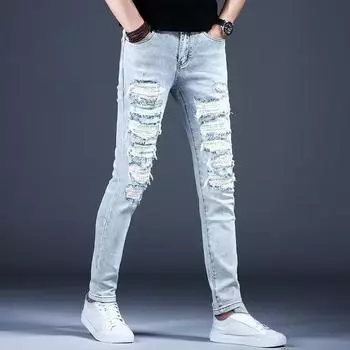 Светло-голубые рваные джинсы, винтажные уличные брюки, узкие прямые брюки со старой застежкой-молнией в винтажном стиле 28 синий