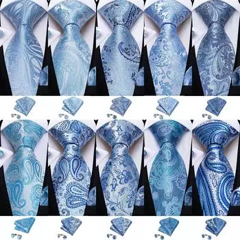 Светло-голубые шелковые галстуки в полоску с узором пейсли для мужчин, носовой платок, запонки, свадебные аксессуары, набор галстуков для шеи, подарок для мужчин DiBanGu 7490