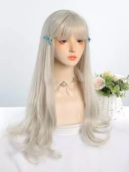 Светло-пепельные синтетические парики для косплея с челкой, длинные, 24 дюйма, длинные, вьющиеся, волнистые, парики Лолиты на Хэллоуин, термостойкие волокна, челка, волосы 24inch