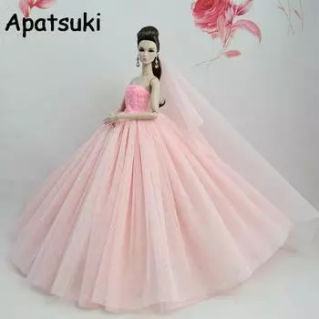 Светло-розовое кукольное платье для куклы Барби, одежда, платья, длинный шлейф, вечернее платье, одежда, свадебное платье + фата, аксессуары для куклы 1/6 розовый