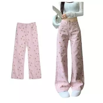 Светло-розовые джинсы с милым принтом медведя, женские джинсовые брюки y2k с высокой талией, новинка 2023 года, элегантная элегантная одежда для тонких ног, каваи, корейская egirl S розовый