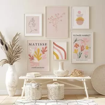 Светло-розовый Boho с цветочным принтом, абстрактный постер Матисса, линия искусства, геометрическая галерея, минимальная настенная картина, женская живопись, декор на холсте 21x30cm No Framed