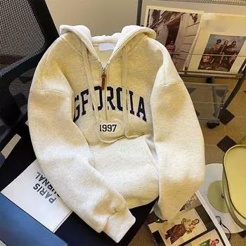 Светло-серые бархатные зимние топы с капюшоном на молнии наполовину, унисекс, для влюбленных, в стиле колледжа, свитшот в американском стиле с вышитыми буквами, повседневный XXL светло-серый