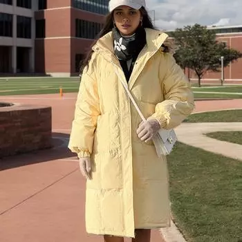 Светло-желтая средняя и длинная одежда женская зимняя новая с капюшоном утолщенная до колена модная маленькая куртка M белый