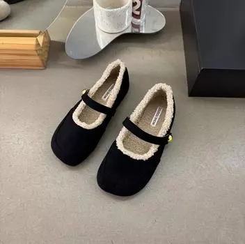 Светлые черные туфли на плоской подошве 2024 года в стиле ретро с женской верхней одеждой из бархата и хлопка на каблуках, чтобы сохранять тепло 35 чёрный