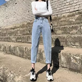 Светлые джинсы с высокой талией, женские летние прямые свободные и тонкие укороченные брюки Harlan Daddy Carrot S синий