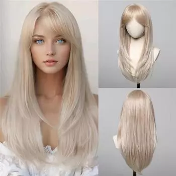 Светлые многослойные синтетические парики с челкой, длинный прямой парик для женщин и девочек, мягкие натуральные волосы для ежедневного ношения, термостойкий парик
