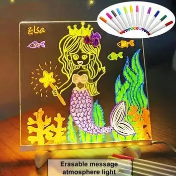 Светодиодная доска для заметок с подставкой, цветные ручки, прозрачная акриловая доска для сухого стирания, стираемая светящаяся заметка, светодиодная доска для сообщений с буквами для детей 15x15cm