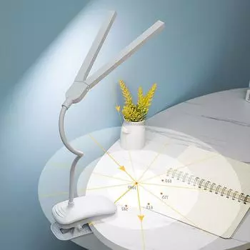 Светодиодная двуглавая настольная лампа для чтения с зажимом и сенсорным управлением, регулируемая яркость света, защита глаз для спальни, общежития, кабинета USB plug белый