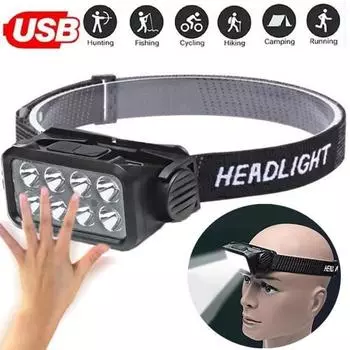Светодиодная фара, супер яркий датчик, налобный фонарь с регулируемым углом и ремешком, налобный фонарь для рыбалки, водонепроницаемый уличный фонарик для кемпинга, рыбалки чёрный