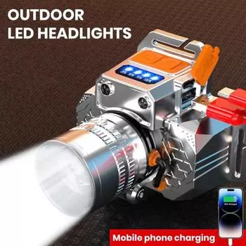 Светодиодная фара Ультра-яркая, с высоким люменом, перезаряжаемая, водонепроницаемый, с цифровым дисплеем мощности, светодиодная налобная лампа, лампа для кемпинга серебряный