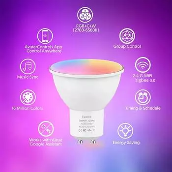 Светодиодная интеллектуальная лампочка GU10 с подключением ZigBee, регулируемой яркостью RGB C+W 85-265 В, подходит для гостиных. 5w