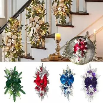 Светодиодная искусственная гирлянда для лестницы, венок с подсветкой, рождественский венок, гирлянда с подсветкой, беспроводная для внутреннего и наружного подвесного декора 60x30 см зелёный