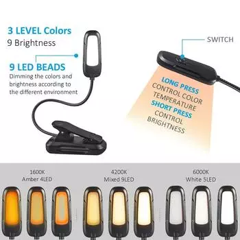 Светодиодная лампа Clip-On для чтения, студенческая лампа для чтения, защита глаз, гибкая настольная лампа, перезаряжаемая, 3 цвета, 3 уровня яркости