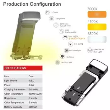 Светодиодная лампа для чтения книг с 3 цветовыми температурами и регулировкой яркости, удобная для глаз, не мерцающая, супер яркая, перезаряжаемая через USB, зажимная лампа синий