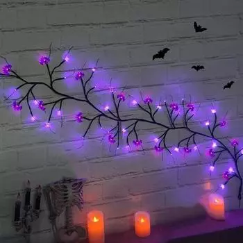 Светодиодная лампа из веточки ивы с несколькими режимами освещения, водонепроницаемая гирлянда с летучими мышами на батарейках, украшение на Хэллоуин фиолетовый