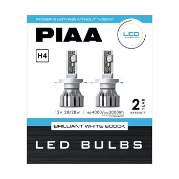 Светодиодная лампа PIAA 6000K BRILLIANT WHITE 12V H4 с гарантией 2 года, совместимая с техосмотром транспортного средства, 2 шт. X7387, фара/противотуманка 28/28 Вт Hi4000/Lo3000 лм