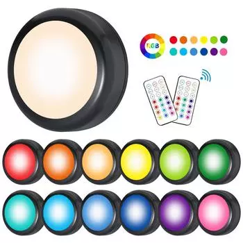 Светодиодная лампа RGBW для шкафа, лампа-шайба на батарейках AA, подсветка под шкафом, регулируемая яркость, украшение для дома на вечеринку, праздник, 13 цветов RGBW