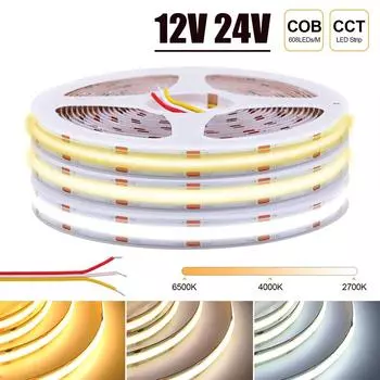 Светодиодная лента CCT COB с высокой плотностью 608 светодиодов/м, гибкая светодиодная лента с регулировкой яркости FOB 2700K до 6500K, сменное светодиодное освещение DC12V 24V 12V L=0.5M