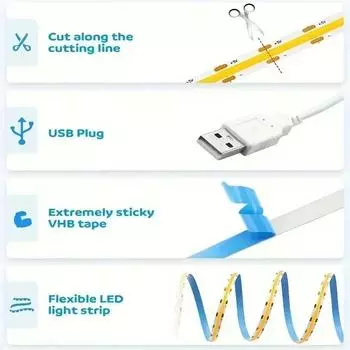 Светодиодная лента COB с кнопкой переключения, лампа с USB-накопителем 5 В, 320 светодиодов/м, гибкая лента для подсветки телевизора для домашнего декора на рождественскую вечеринку 1m белый