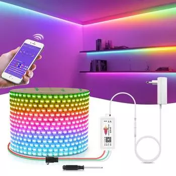 Светодиодная лента DC5V WS2812B RGBIC 5 мм с контроллером Bluetooth, светодиодная лента, диодный свет, индивидуально адресуемый, синхронизация с музыкой 3M-EU